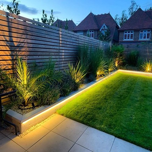 Modern garden with illuminated plants.