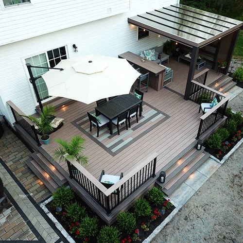 Stylish outdoor deck with seating area