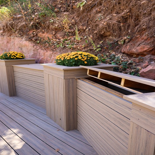 Wooden planter boxes with flowers